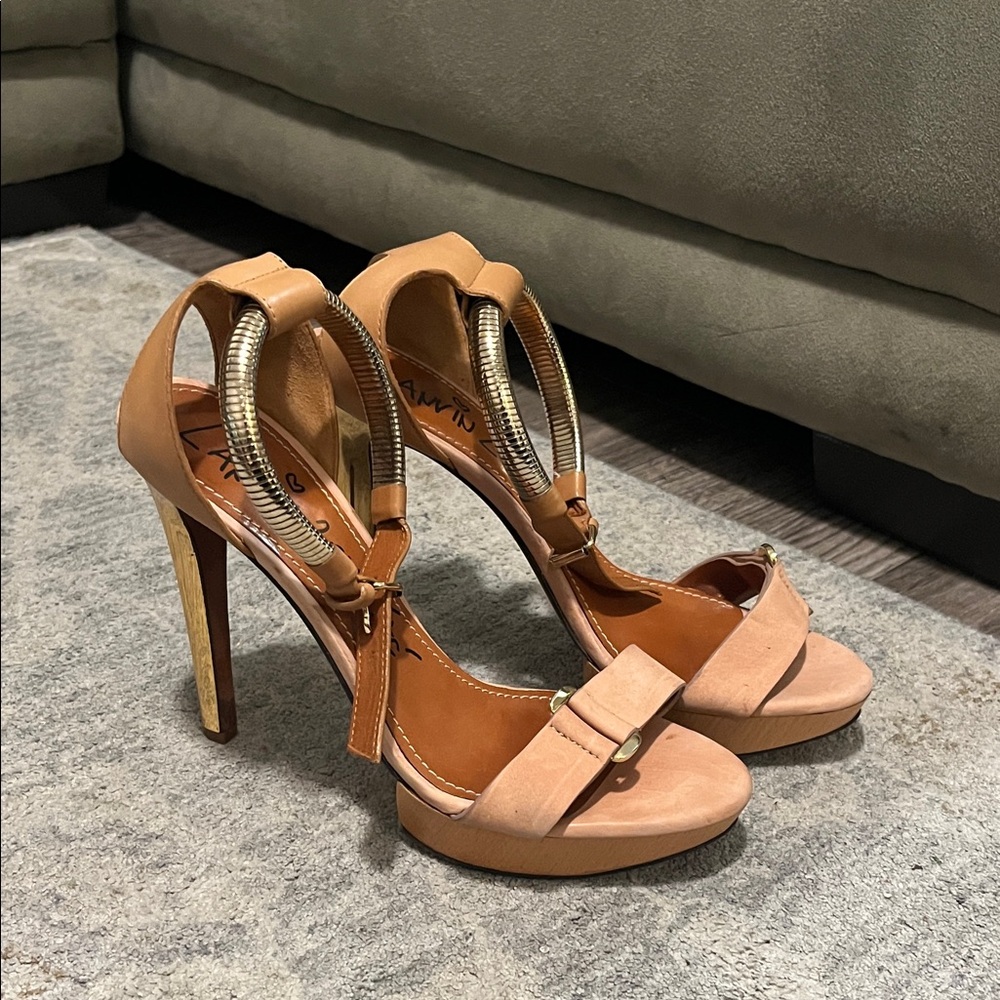 NWOT Lanvin Tan High Heel Sandals with Gold Accents